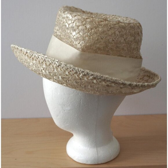 Vintage Straw Off White Hat w/ Ivory Ribbon Fabric Rose Garden Party Derby Chic main image 3